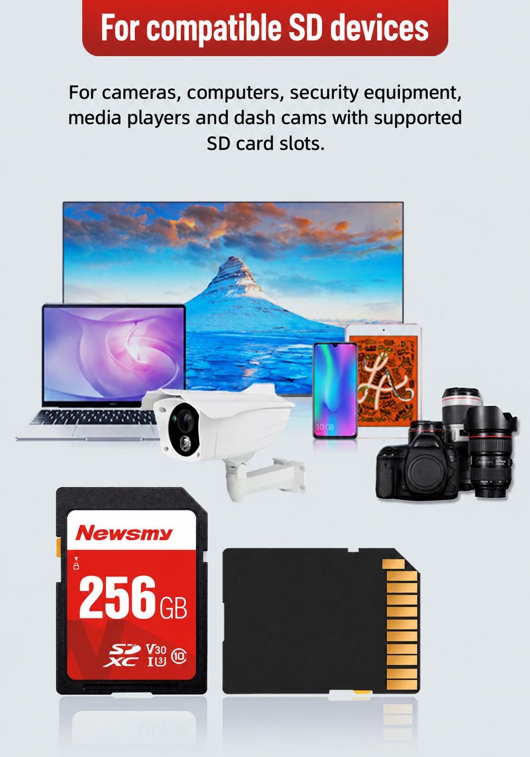 NEWSMY A10 — For compatible SD devices. Use with cameras, computers, security equipment and recording devices that support the chosen SD card type and capacity.