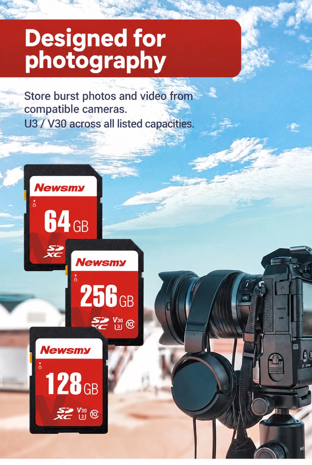 NEWSMY A10 — Designed for photography. Store burst photos and video from compatible cameras. Performance depends on camera settings and the selected capacity.