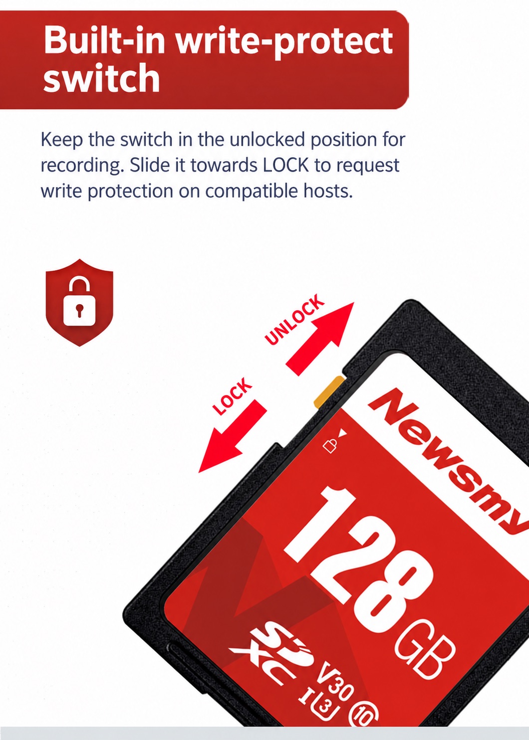 NEWSMY A10 — Built-in write-protect switch. Keep the switch unlocked for recording. Slide it towards LOCK to request write protection on a host that supports the switch.