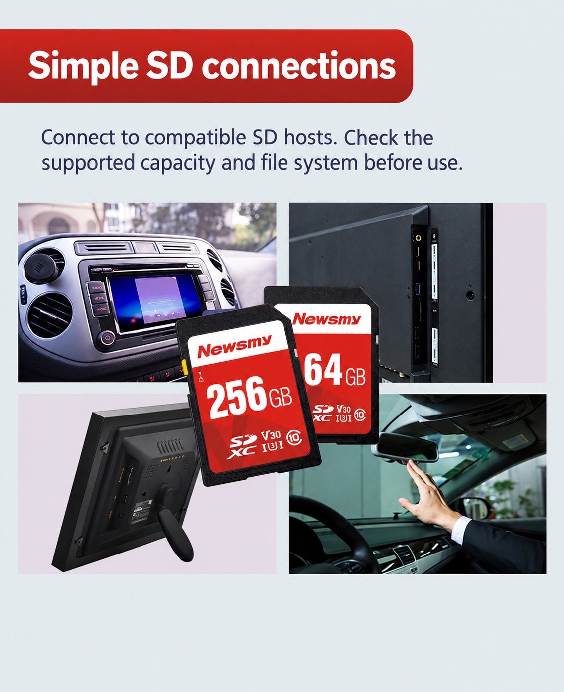 NEWSMY A10 — Simple SD connections. Connect to compatible SD hosts. Check the supported card type, capacity and file system before use.