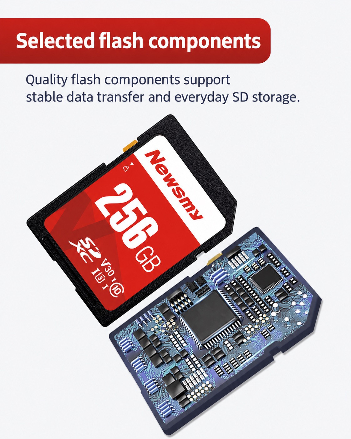 NEWSMY A10 — Selected flash components. Quality flash components support stable data transfer and everyday SD storage.
