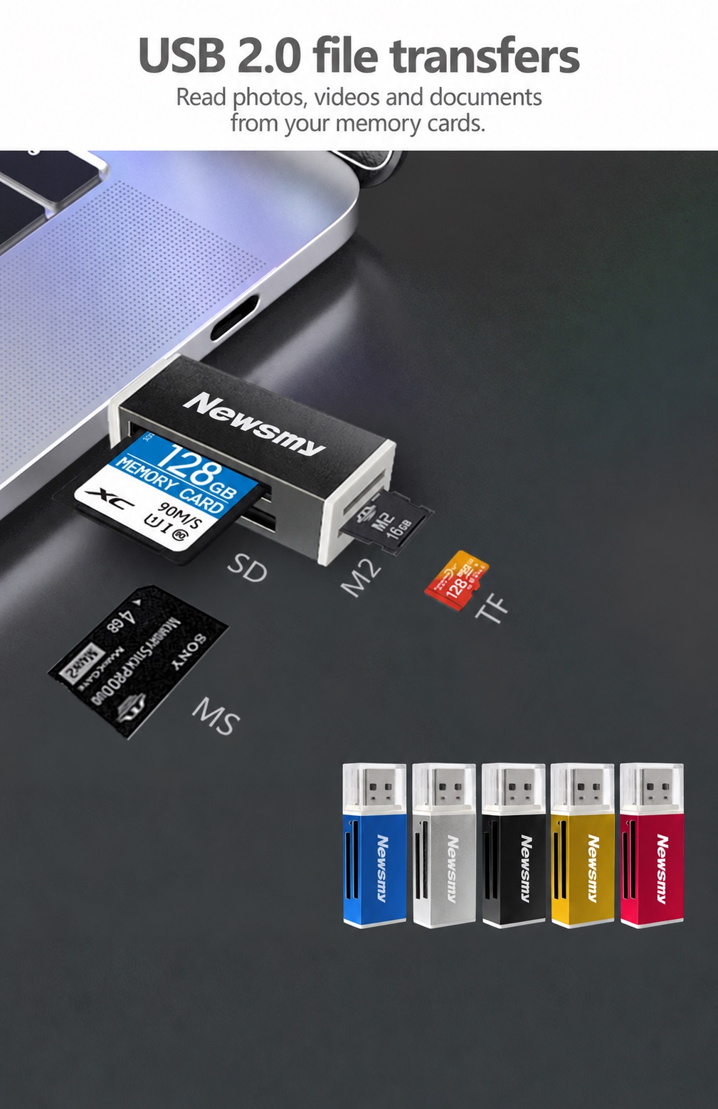 NEWSMY CR100 — USB 2.0 file transfers. Read supported card files through a compatible USB-A host.