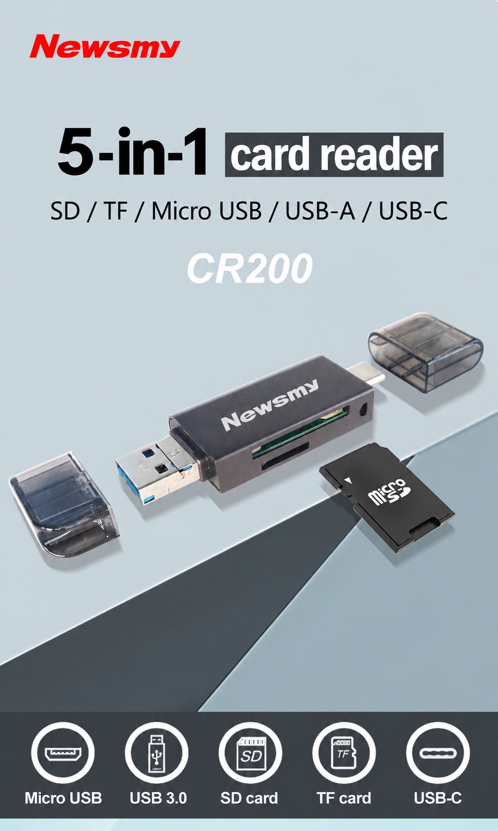 NEWSMY CR200 — CR200. Five connections in one. Three host connectors and two card slots in one compact reader.