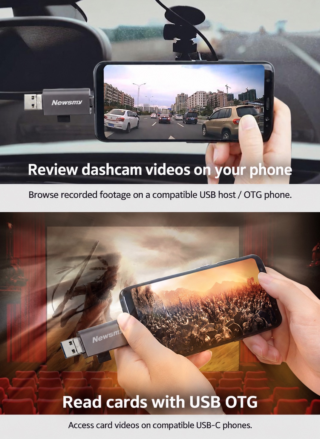 NEWSMY CR200 — Read video on compatible phones. A suitable connector, USB host / OTG support and a supported card file system are required.