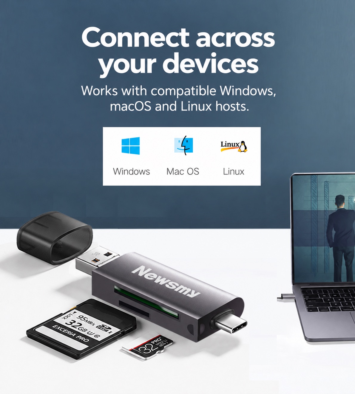 NEWSMY CR200 — Compatible USB hosts. Use with compatible Windows, macOS and Linux systems; support varies by card and file system.