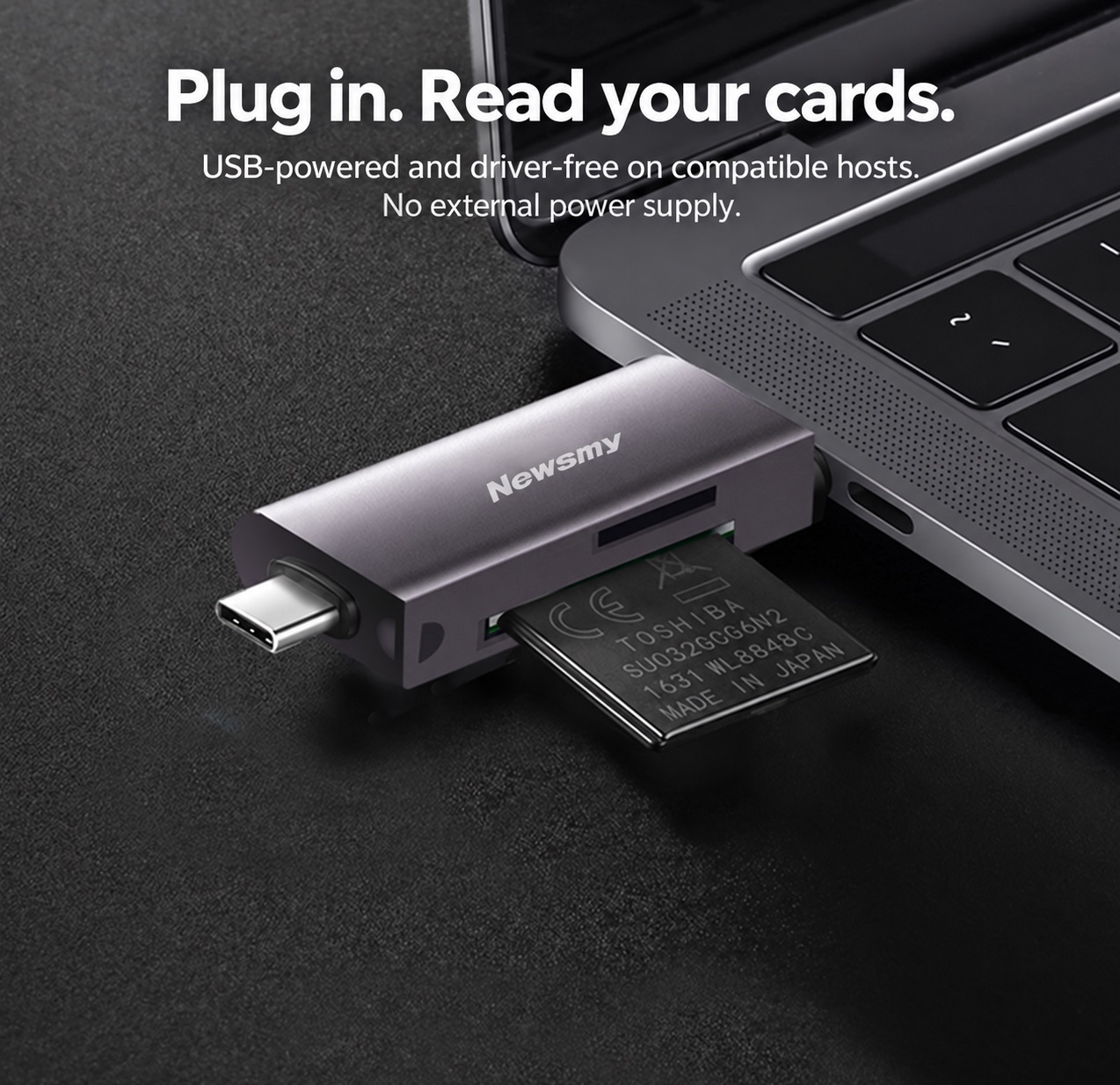 NEWSMY CR200 — Plug in. Access your files. Connect through the appropriate host connector to read supported SD or TF / microSD cards.