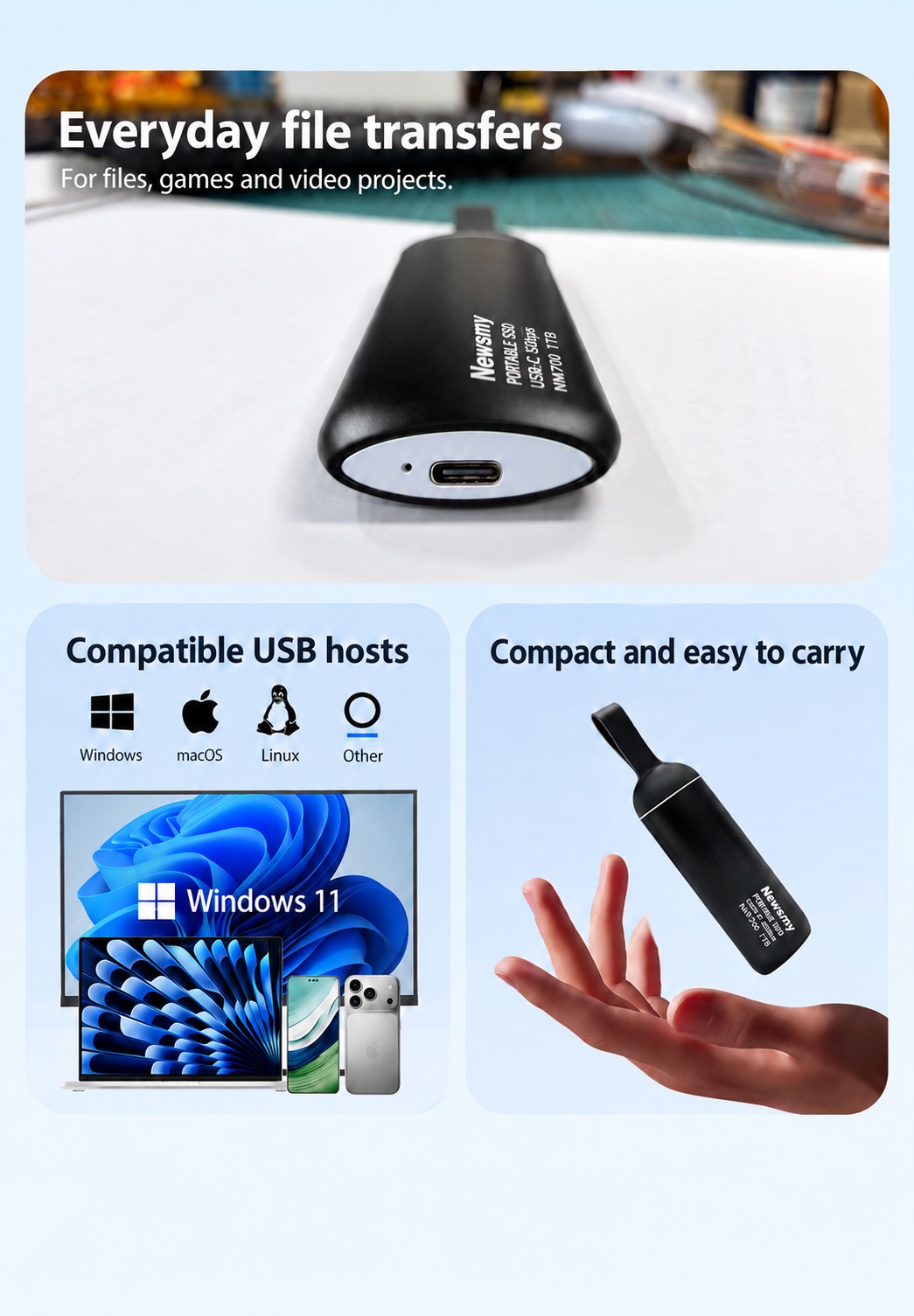 NEWSMY NM700 — Compact and easy to carry. A small portable body and convenient loop for storage on the move.