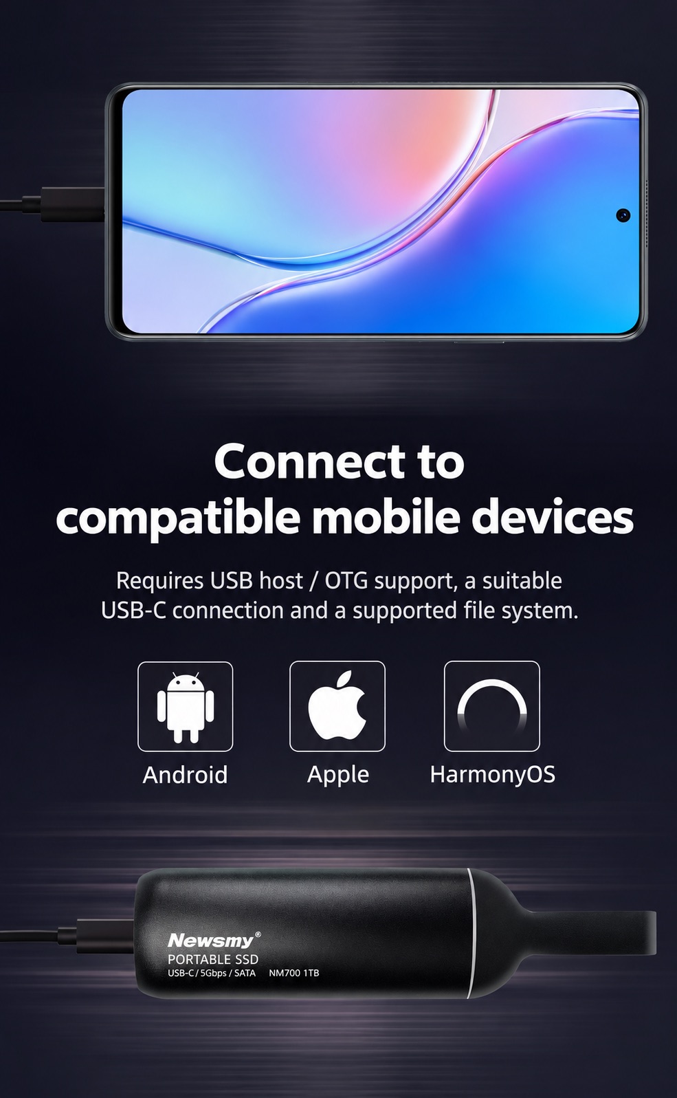 NEWSMY NM700 — Compatible mobile connections. Requires USB host / OTG support, a suitable USB-C connection and a supported file system.