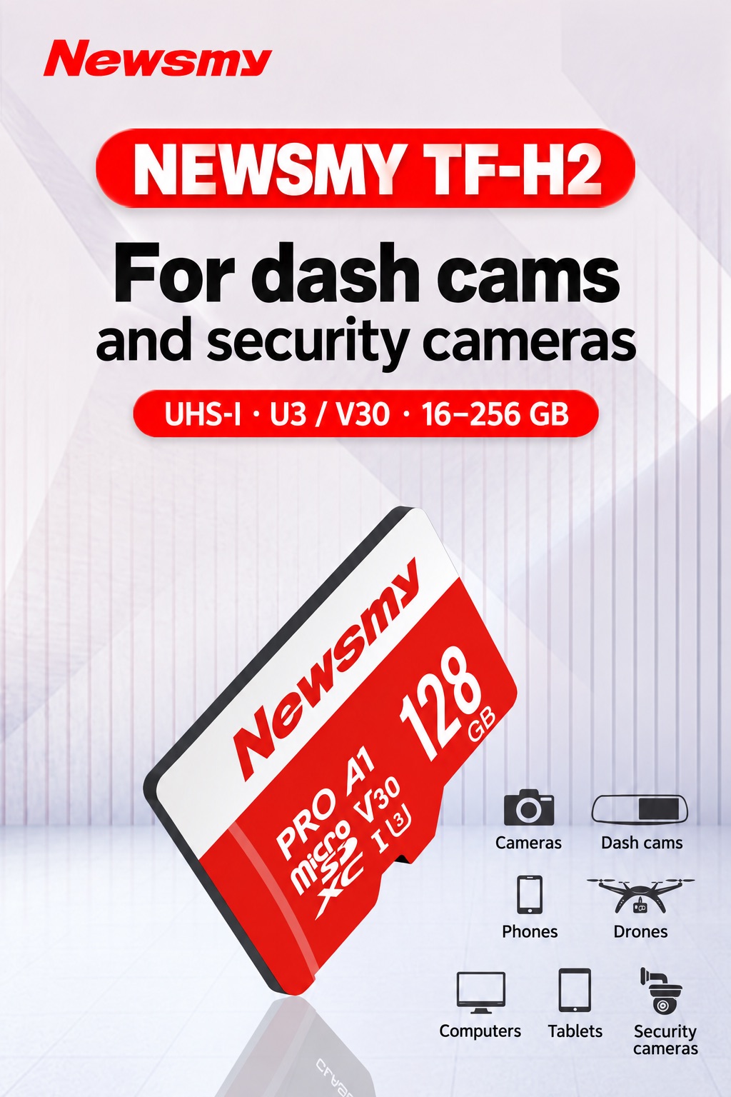 NEWSMY TF-H2 — TF-H2. Made for recording. A compact UHS-I microSD / TF card for compatible dashcams, security cameras and other recording devices.