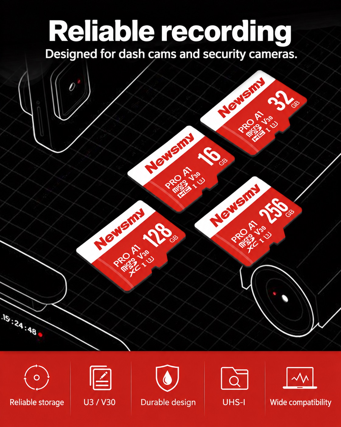 NEWSMY TF-H2 — Reliable recording. Five capacities. Choose 16 GB, 32 GB, 64 GB, 128 GB or 256 GB. Every listed capacity uses U3 / V30.