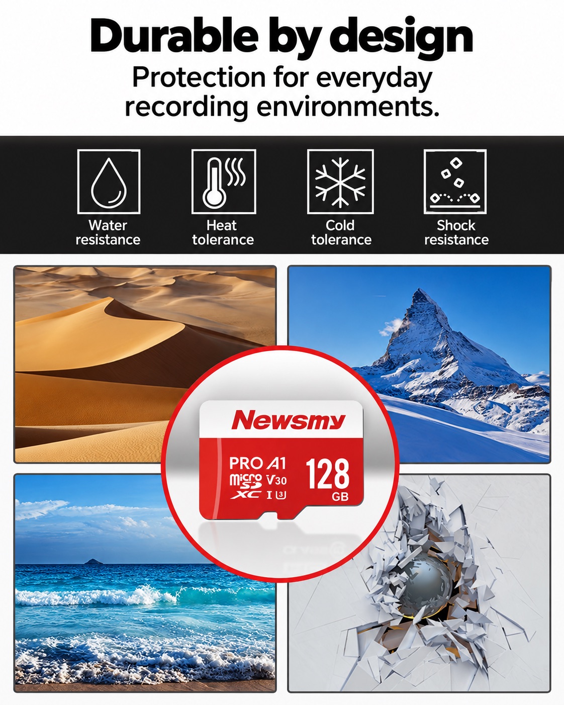 NEWSMY TF-H2 — Designed for everyday durability Water, heat, cold and shock resistance are part of the supplied product design. Operating temperature: 0°C to 70°C; storage temperature: −25°C to 85°C.