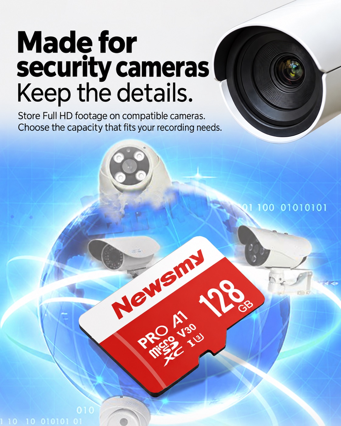 NEWSMY TF-H2 — Storage for security cameras Keep recording details with a compatible security camera. Check the camera’s capacity, speed-class and file-system requirements.