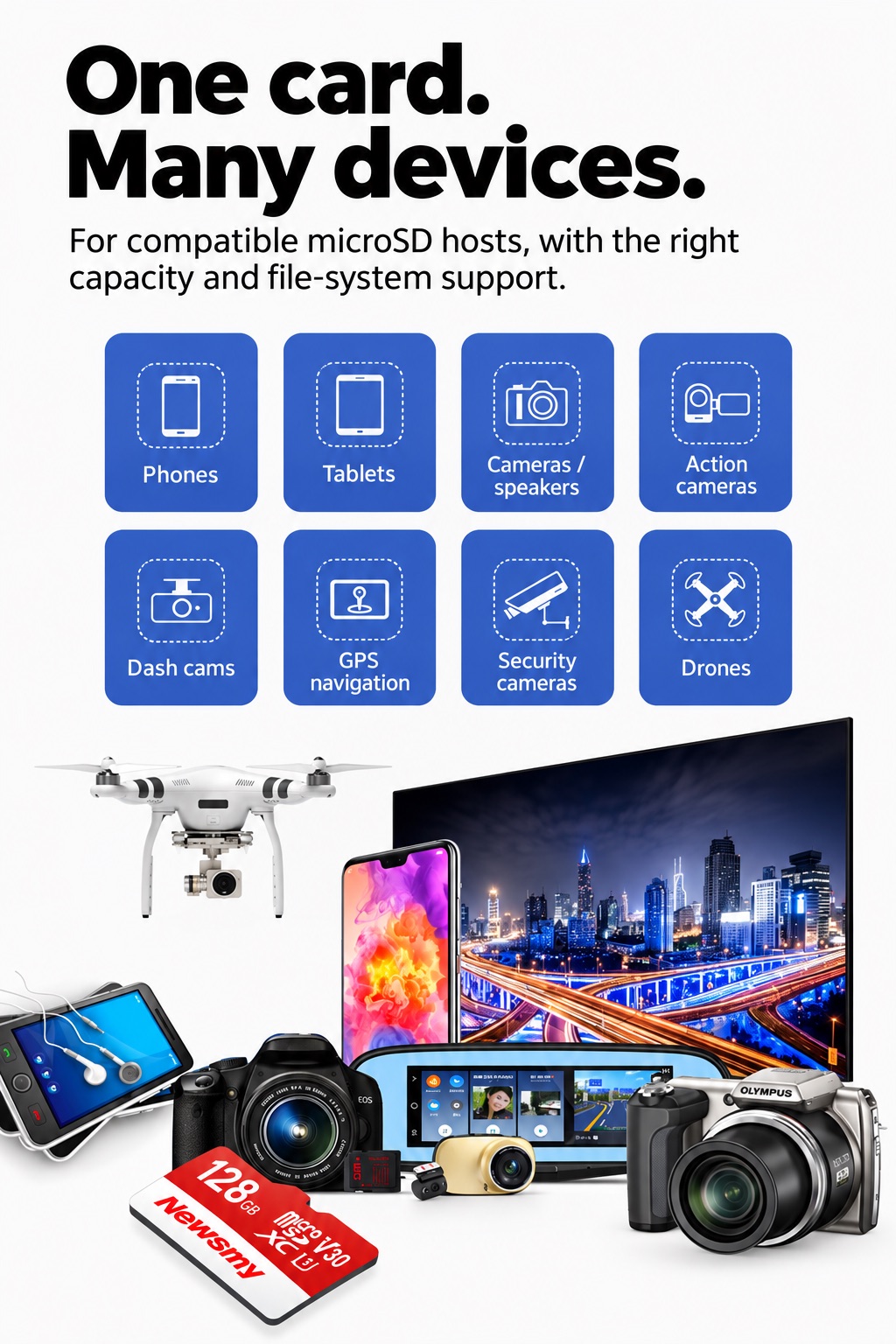 NEWSMY TF-H2 — A small card. Many applications. Use with compatible cameras, mobile devices, navigation systems, drones and media equipment. Device support varies by model.