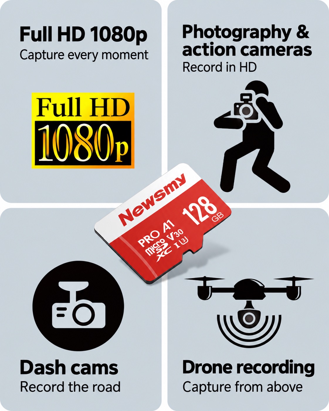 NEWSMY TF-H2 — Capture everyday moments Full HD video, photography, dashcam footage and drone recordings, where the host supports the selected card and capacity.