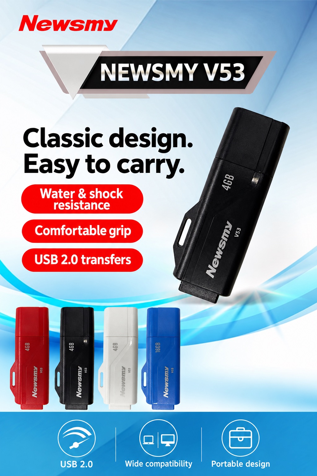 NEWSMY V53 — V53 plastic flash drive USB 2.0 storage with a plastic housing, a capped design and four colours.