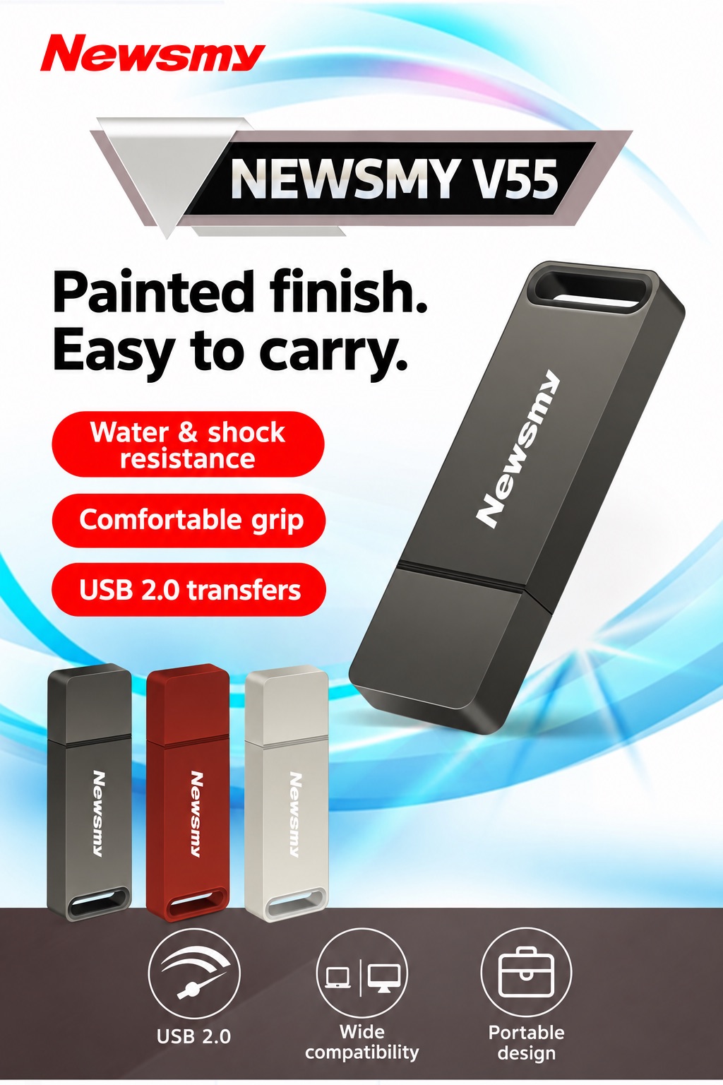 NEWSMY V55 — V55 metal flash drive USB 2.0 storage with a metal housing, a capped design and three colours.