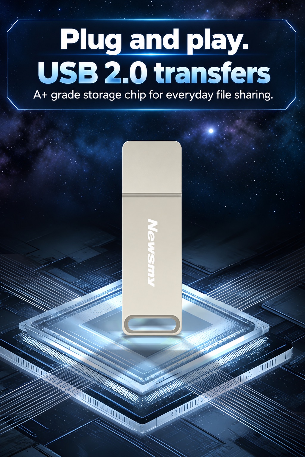 NEWSMY V55 — Plug and play. Easy file transfers. USB 2.0 connectivity with an A+ grade storage chip for everyday file sharing.