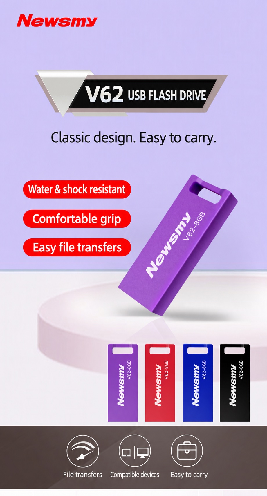 NEWSMY V62 — V62 colourful metal flash drive. Classic styling, a compact metal housing and four colours for everyday storage.