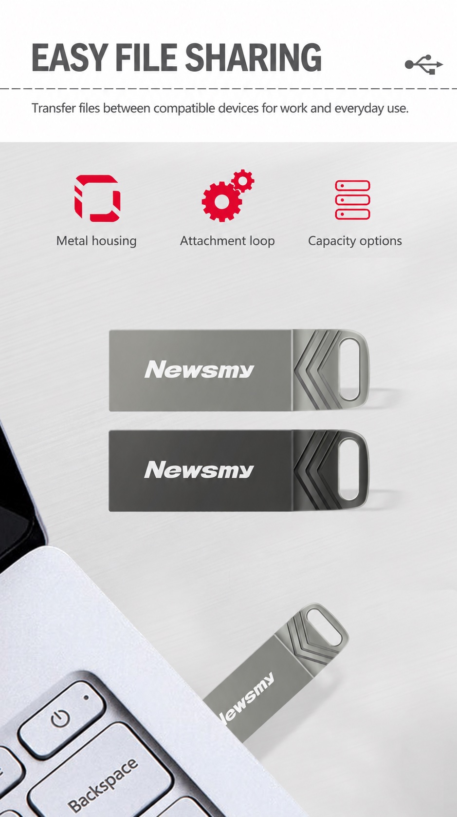 NEWSMY V68 — Easy file sharing. Metal housing, an attachment loop and capacity choices for everyday storage and sharing.