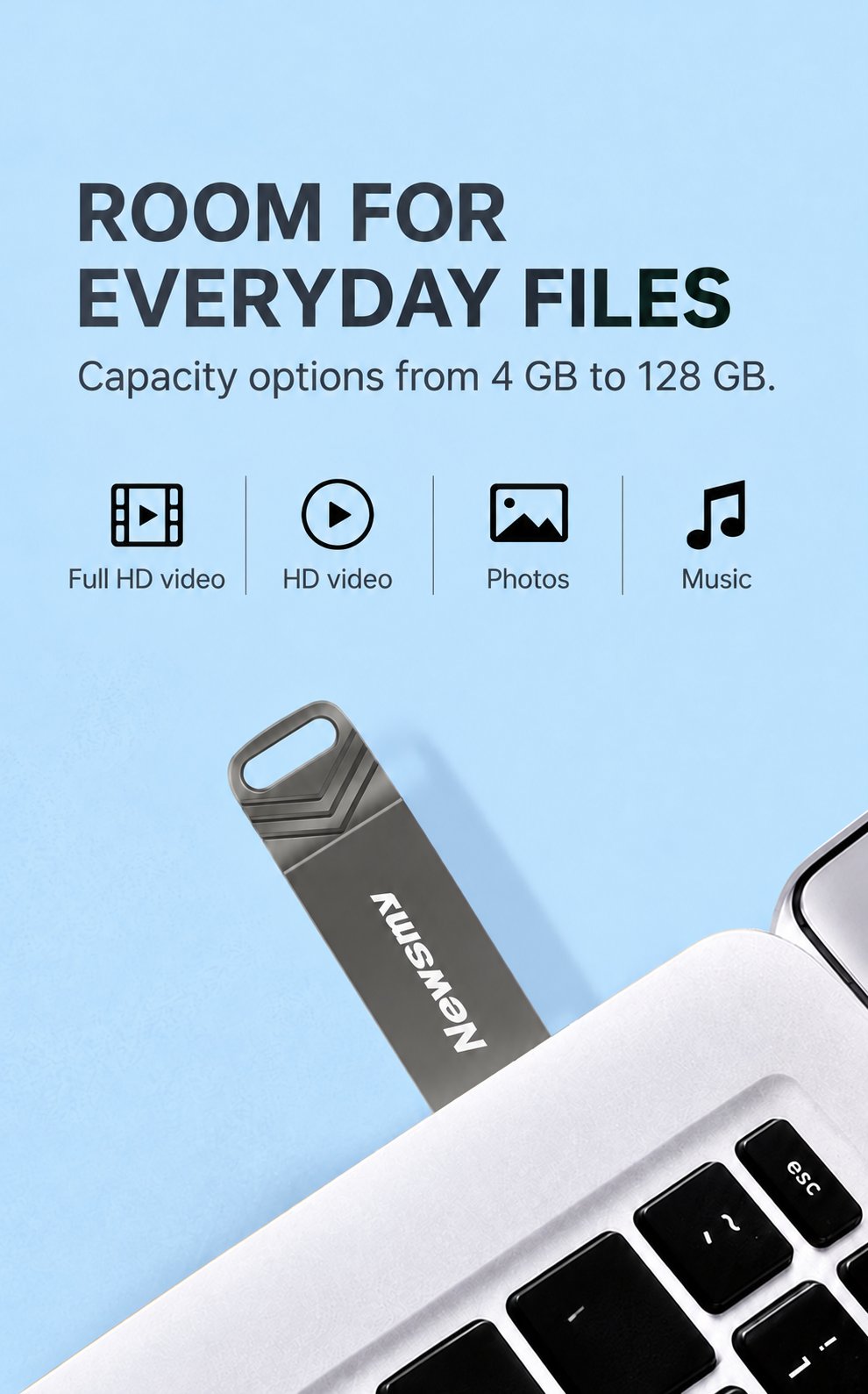 NEWSMY V68 — Room for everyday files. Choose from 4 GB to 128 GB for video, photos, music and everyday documents.
