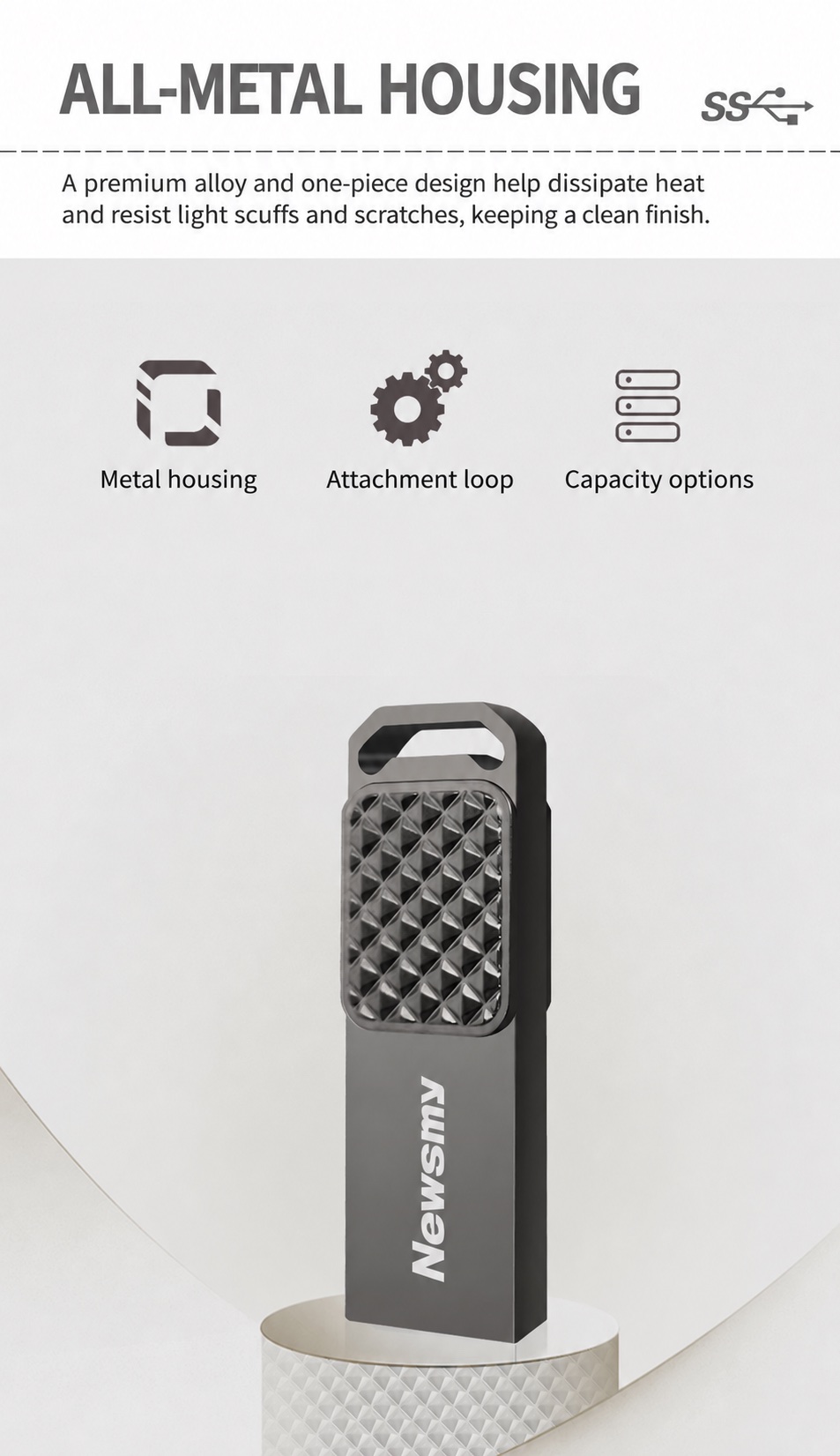 NEWSMY V70 — All-metal housing. One-piece alloy construction with a distinctive metal finish and integrated attachment loop.