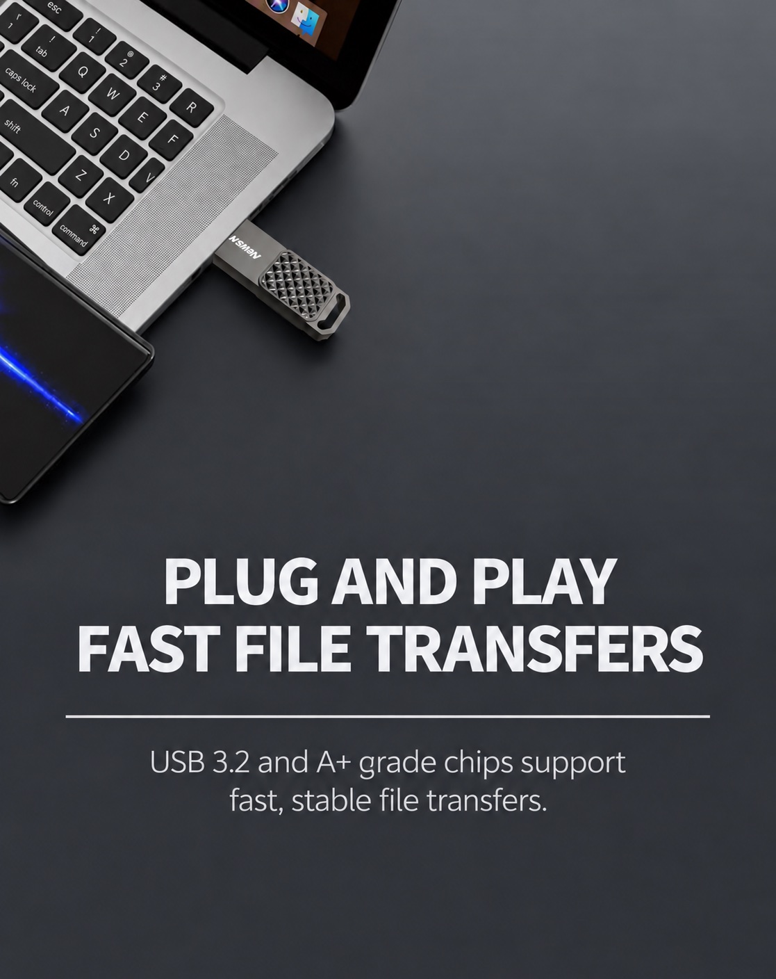 NEWSMY V70 — Plug and play. Connect V70 to a compatible USB-A host and keep everyday files close at hand.