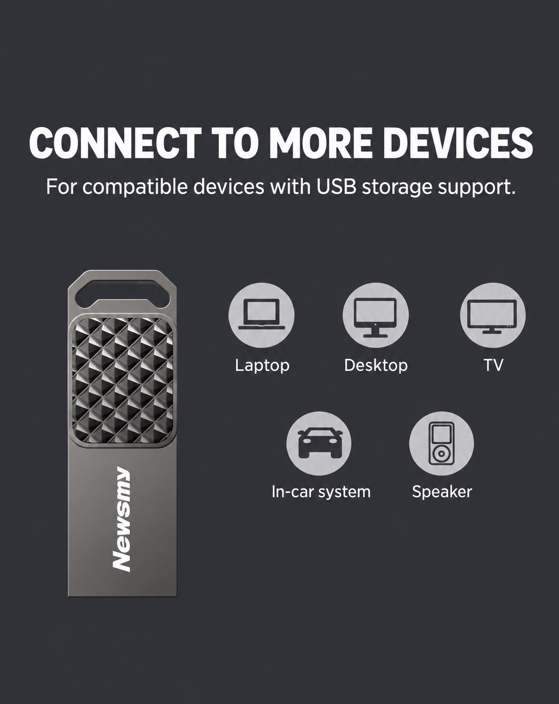NEWSMY V70 — Connect to more devices. For compatible laptops, desktops, TVs, in-car systems and speakers with USB storage support.