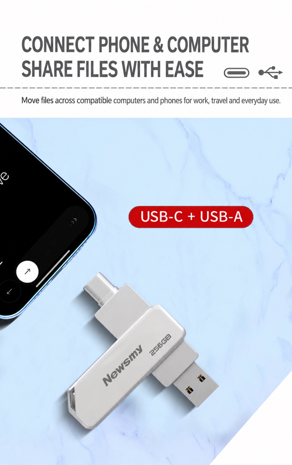 NEWSMY V78 — Easy sharing between phone and computer. Connect through USB-A or USB-C to move files between compatible phones and computers.