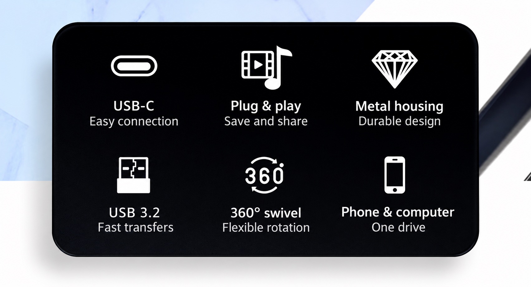 NEWSMY V78 — Six details, one versatile drive. USB-C connection, plug and play, metal housing, USB 3.2, 360° swivel and phone-to-computer sharing.