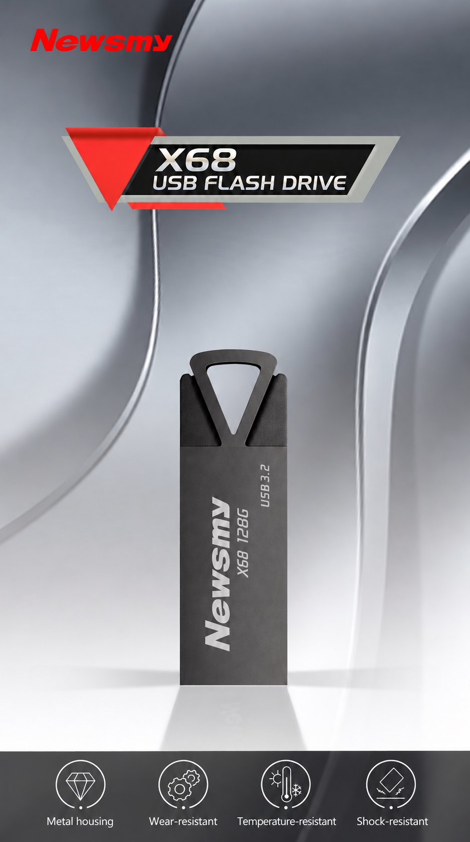 NEWSMY X68 — X68 USB flash drive. Metal housing, wear resistance, temperature resistance and shock resistance.