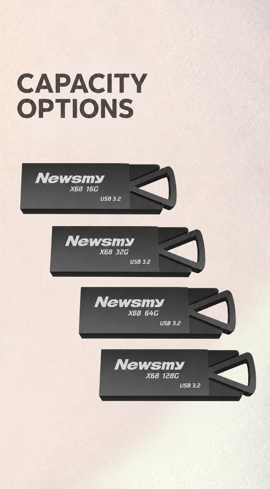 NEWSMY X68 — Capacity options. 32 GB, 64 GB, 128 GB and 128 GB variants shown.